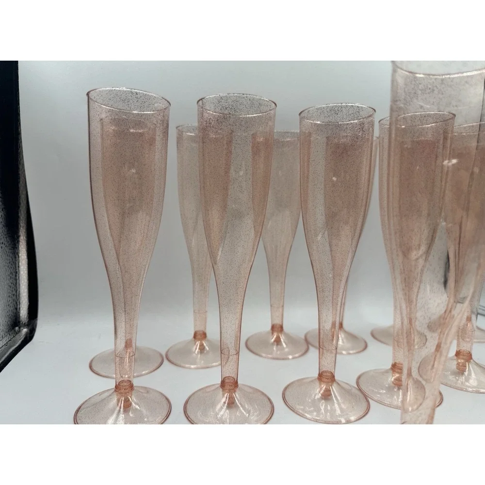 Set Of 14 Rose Gold Pink Disposable Glitter Plastic Champagne Glasses